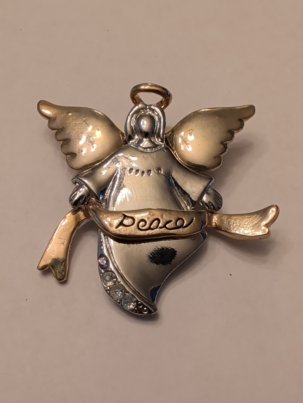 Vintage Gold and Silver Angel Brooch with 'Peace' Banner